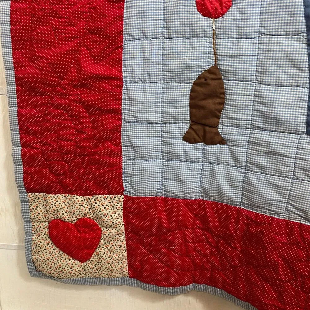 Handmade Pieced Appliqued Lightweight Quilt Boy Fishing Hearts 43